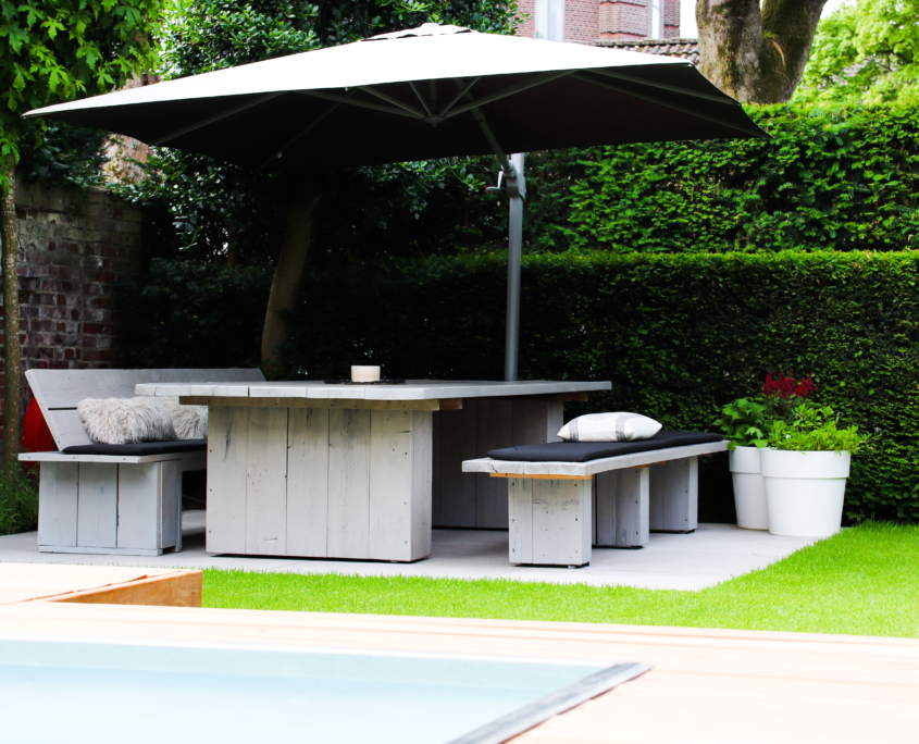 eingefasster Pool, Bankirai Terrasse, Schwimmingpool Bocholt, Garten mit Pool, Boho Garten, Pool Ibiza style